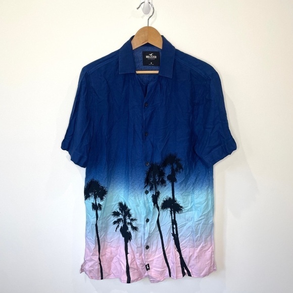 Hollister Short Sleeve Ombré Palm Trees Print Casual Button Up - Picture 1 of 4